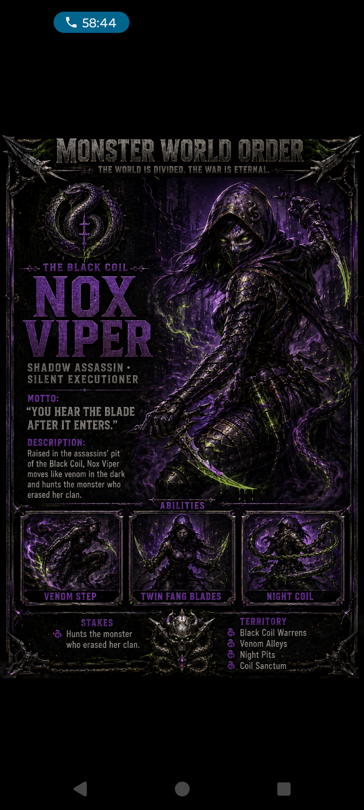 Nox Viper — Monster World Order character portrait